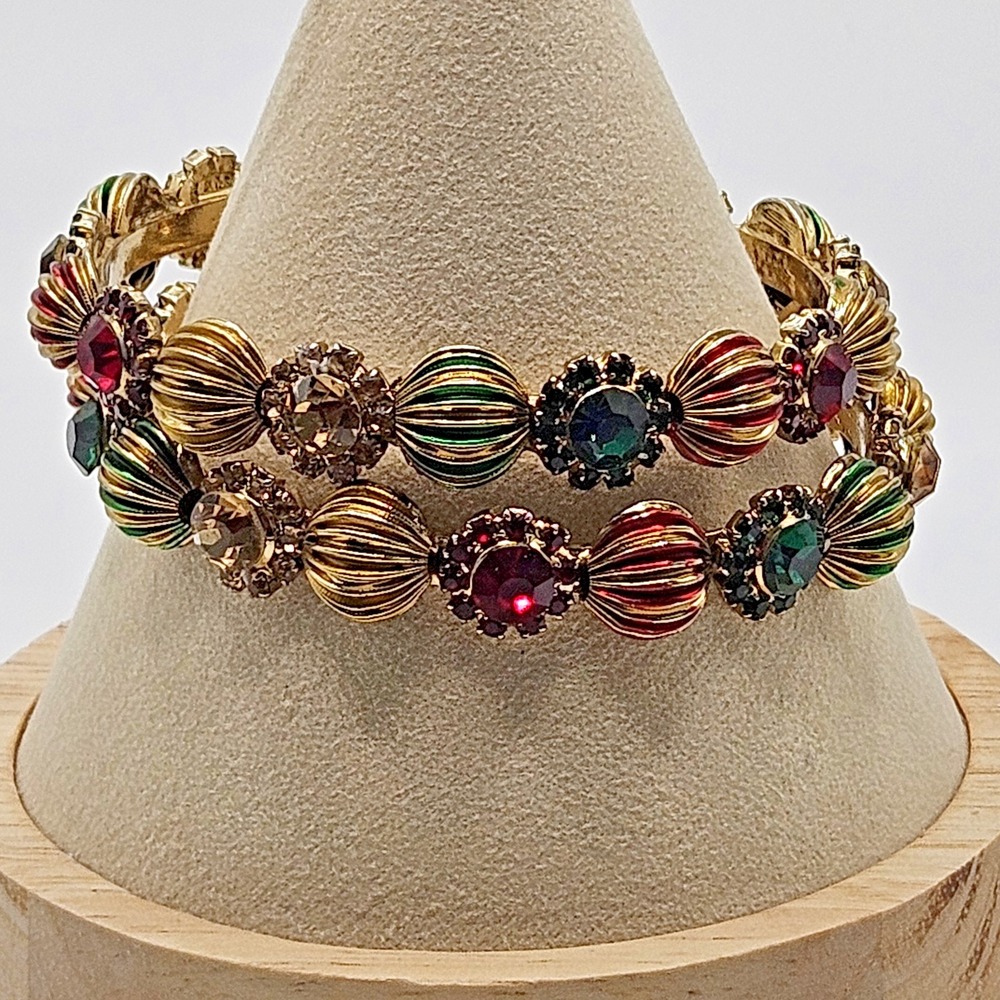 Set Bangle Bracelets Rhinestone Colorful Red Green Gold Tone